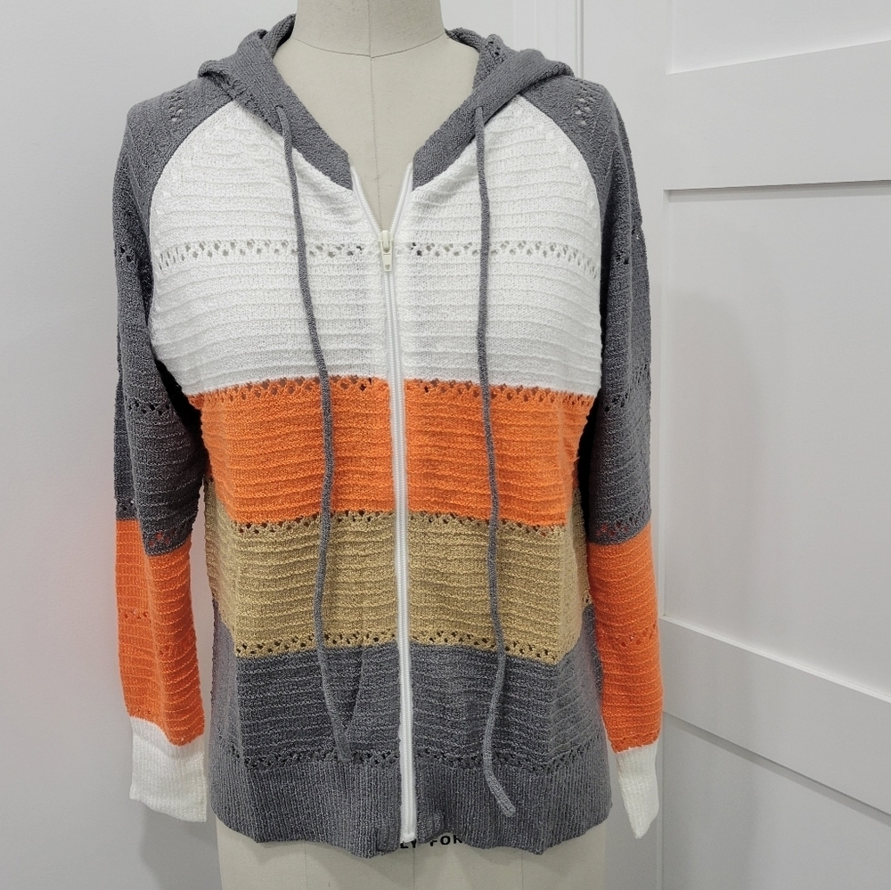 Sweaters Tops Casual Long Sleeve Color Block Knit Hoodie Pullover Size S Boho